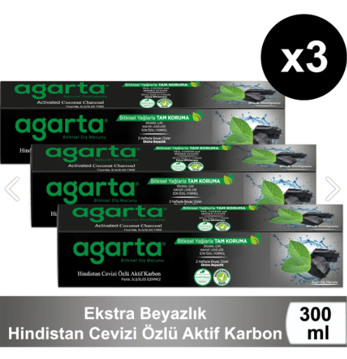 Agarta Doğal Hindistan Cevizi Özlü Aktif Karbonlu Diş Macunu 100 ml (3 ADET)
