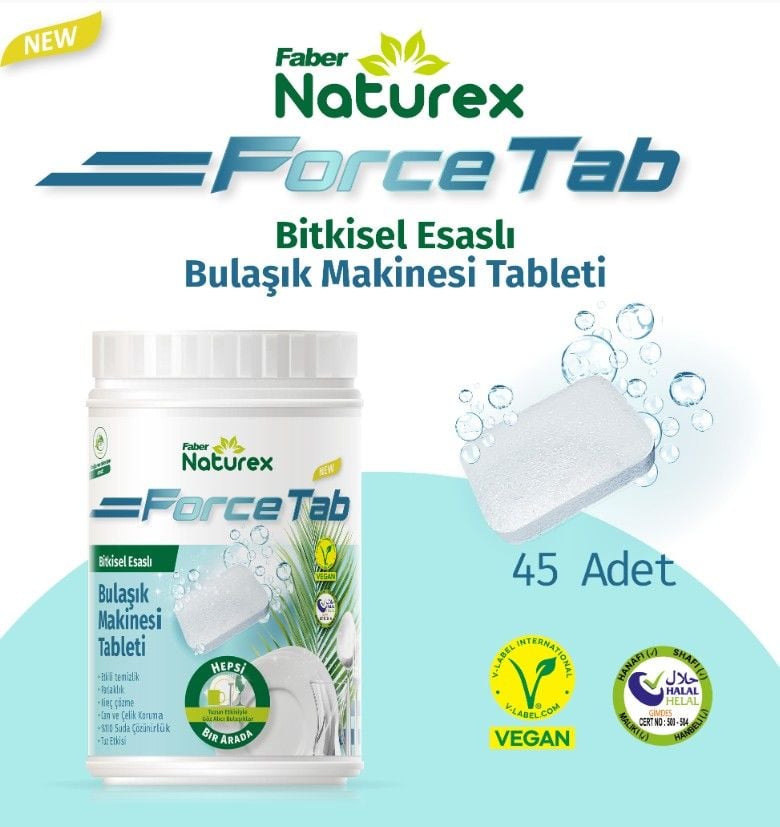 Faber Naturex Force Tab - Bitkisel Esaslı Bulaşık Yıkama Tableti Temizleyici - Parlatıcı - Kireç Çözücü - 45 Tablet