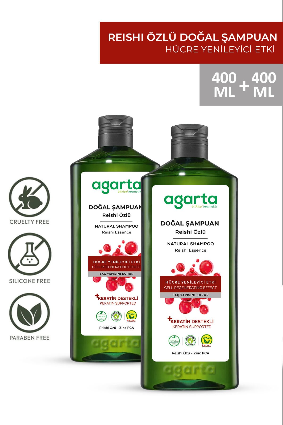 Agarta 2 Adet  Doğal Reishi Mantar Özlü Şampuan 400 ml+400ml