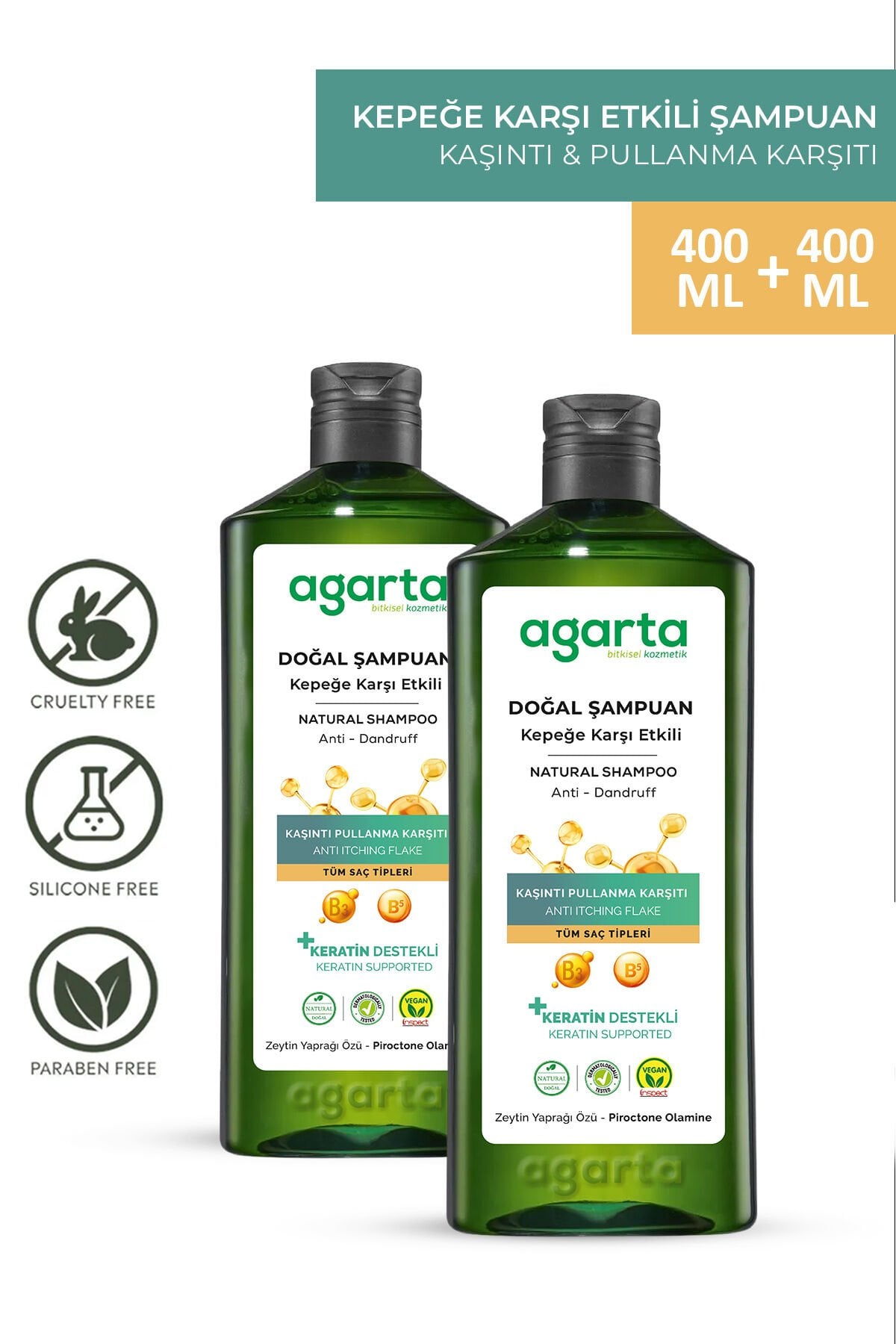 Agarta 2 Adet Doğal Kepeğe Karşı Etkili Şampuan 400ml+400ml