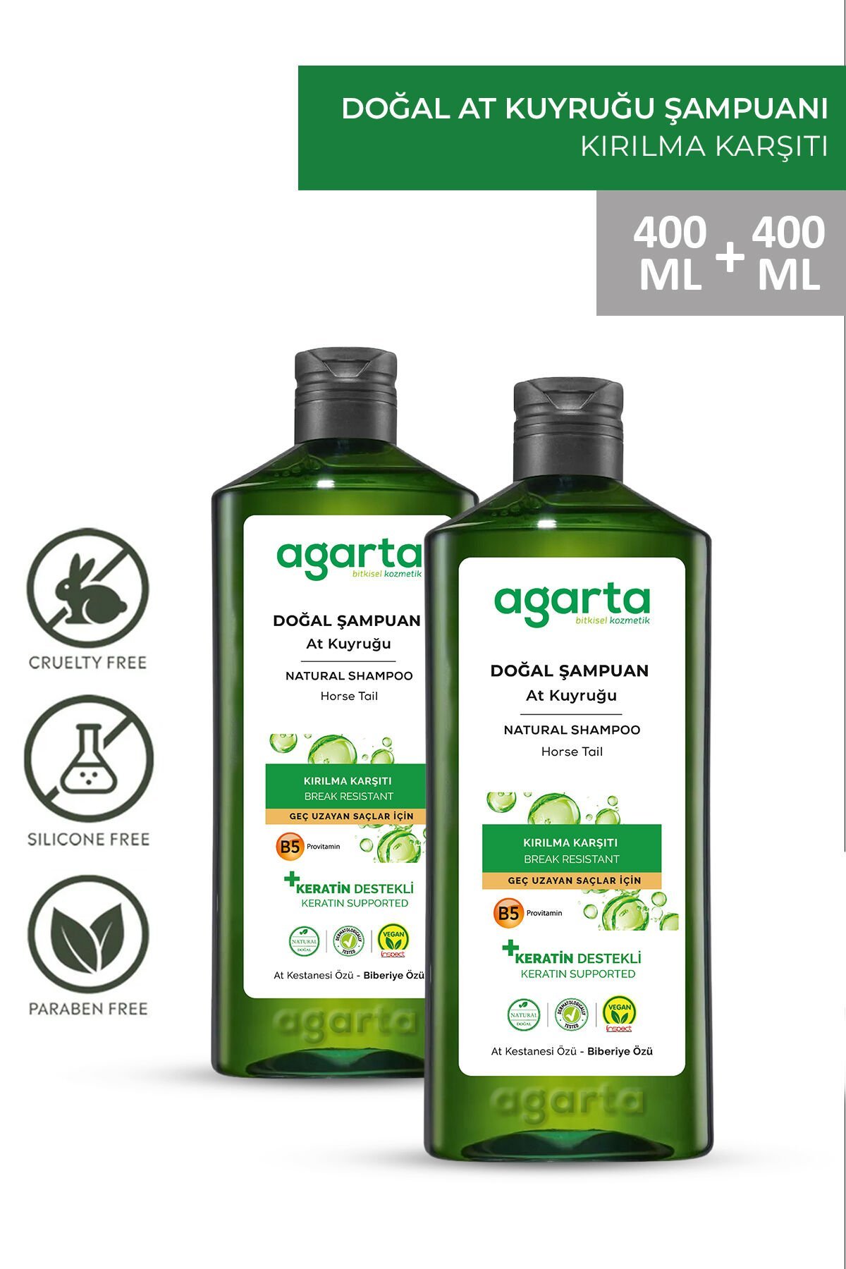 Agarta 2 Adet Doğal At Kuyruğu Özlü Tuzsuz Şampuan 400ml+400ml