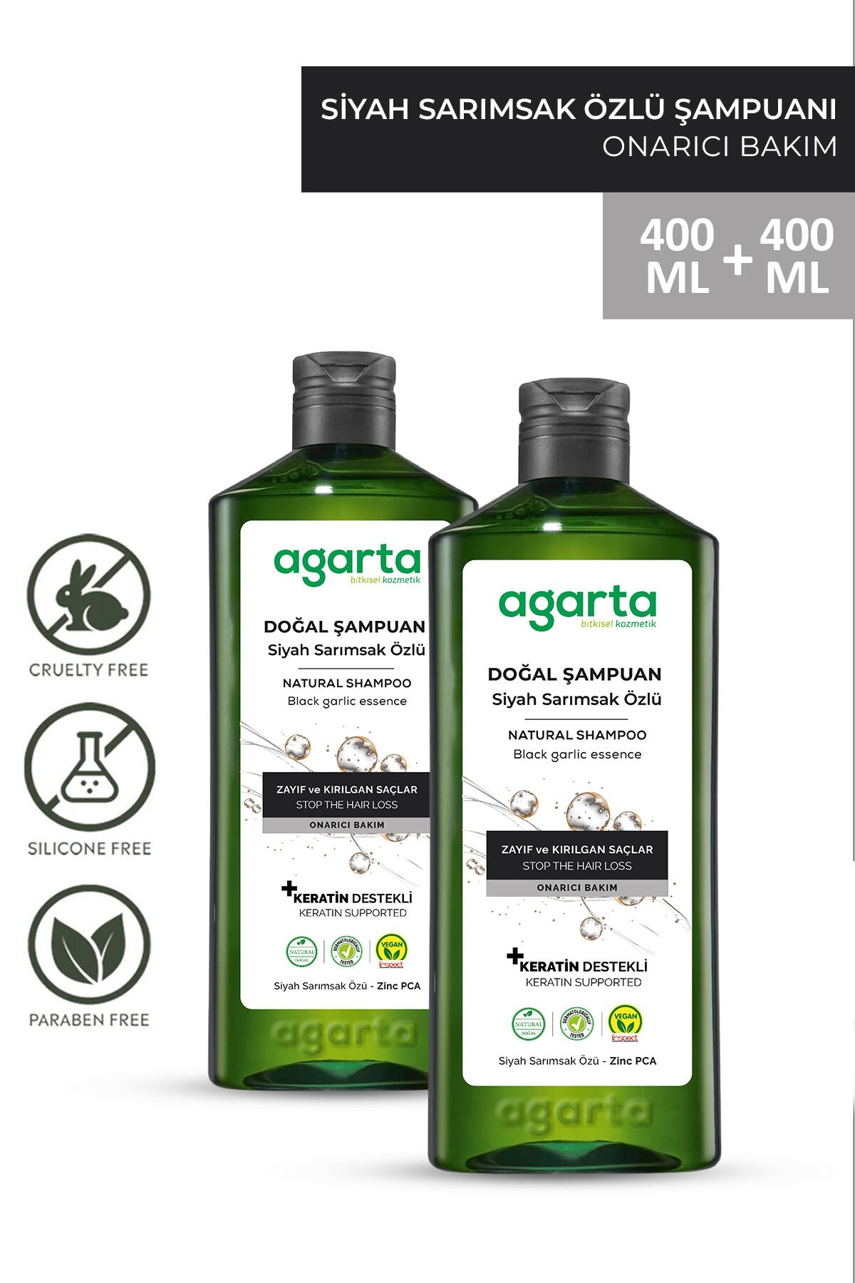 Agarta 2 Adet Doğal Siyah Sarımsaklı Şampuan 400ml+400ml